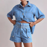 Summer Women's Casual Retro Loose Shirt Denim Shorts Set