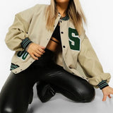 Baseball Bomber Jacket Women Hip Hop Letter Patchwork PU Leather Streetwear Autumn 2021 College Oversized Coats Varsity