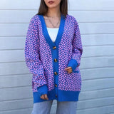 V-neck Lantern Long Sleeve Cardigan Women Knitted Printed Oversized Sweater 2022 Fall New Single-breasted