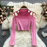 Women Korean Knitted Blouse Design Hollow Off Shoulder Long Sleeve Slim Tops Autumn Fashion Streetwear Short