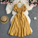 Toloer Vacation Wind French Retro Square Collar Waist Dress Female Summer Design Sense Bubble Short Sleeve Fairy