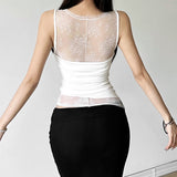 Toloer Summer Women's Sexy Hot Girl Hollow Out Lace Mesh Sleeveless Slim Small Vest-Outfit