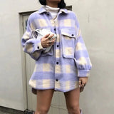 PUWD Casual Woman Purple Plaid Woolen Coat 2020 Fashion Ladies Autumn Oversized Turn Down Collar Jacket Female Chic Warm