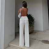 Toloer Hanging Neck Sexy Hot Girl Sleeveless Vest White Pleated High Waist Wide Leg Pants Suit Woman-Outfit