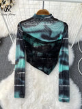 Gradient Mesh Sexy Women Top American Style Fashion Letter Long Sleeve Stand Neck Sheer Autumn Thin Sun Proof T