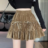 Velvet Bow Pleated Mini Skirt-Outfit