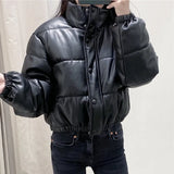 Winter Women Black PU Leather Down Jackets 2021 New Ladies Thick Warm Short Zipper Down Coats Female Stand Collar Chic