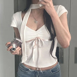 Style Wrinkle Splicing Collision Color Tie Bow Tie Girl Slim And Thin Knitted Short-Sleeved T-Shirt Girl-Outfit
