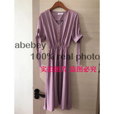Single Breasted Women Vintage Dress Summer Short Puff Sleeve A-line Vestidos Casual Sexy V-neck Purple/White Dresses