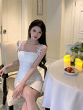 Sexy Dresses Women Sleeveless Bow Sqaure Collar Backless Solid Slim French Style Chic Party Dress Ladies Elegant-Outfit