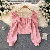 Women Fashion Korean Blouse Long Sleeve Square Collar Solid Slim Office Tops Autumn Casual Streetwear Short