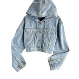 Toloer Celebrity Autumn New High Waist Short Hooded Denim Jacket Female Loose Show Thin Versatile Jacket Long Sleeve Jacket-Outfit