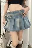 Pleated Denim Mini Skirt Women Vintage Y2k Summer Sexy Slit Belt Patchwork Low Waist Jean Skirt Casual Korean