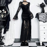 Autumn New Style Sexy Micro-Transparent Slim Dress Dark Lace Fishtail Long-Sleeved Dress Woman-Outfit