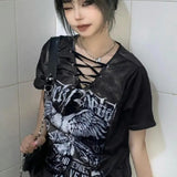 Subcultural Retro Lace up V-Neck Loose Print T-shirt Y2K Top Summer Short Sleeve Tshirts Women Harajuku Clothing Female-Outfit