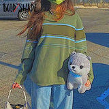 Bold Shade Grunge 90s Tricot Sweater Striped O-neck Indie Aesthetic Women Pullover Sweaters Oversized Vintage Green Top