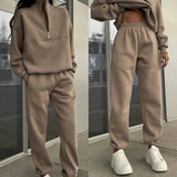 Piece Sets Women Solid Stand Collar Zipper Full Sleeve Tops Straight Long Pants Set Splice Loose Casual Autumn Winter 2023-Outfit