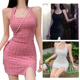 Women Bodycon Dress, Solid Color & Ruffle Halter Split Low Chest Hip Dress, Ladies Party/Bar/Club Mini Dress-Outfit
