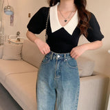Retro Bubble Sleeve Knitted T-Shirt Women Design Small Short Top Summer New Ice T-Shirt
