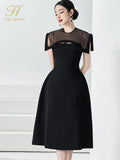 Han Queen Summer Dresses Womens Korean Retro O-Neck A-Line Black Vestidos Elegant Fashion Slim Midi Office Party Casual Dress-Outfit