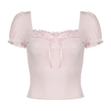 Fresh Romantic Pure Color Square Collar Bubble Sleeve Girl T-Shirt Ins Trend Slim Casual Blouse New Style-Outfit