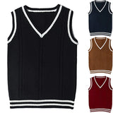 Toloer Sweater Women's Vest V-Neck Striped Stitching Casual Knit Vest