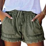 Women's Washed Denim Shorts, Casual Drawstring Elastic Waist Frayed Hem Loose Short Jeans-Outfit