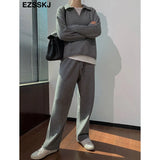 2 Pieces Set Women oversize Tracksuit polo collar Sweater Pullover straight pants Sweater Set CHIC Knitted Outwear sweater