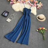 New Spring Autumn Fashion sleeveless off shoulder denim Jumpsuit high waist pleated solid color casual wide leg
