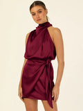Off Shoulder Summer Silk Dress Women Off Shoulder Bodycon Sexy Laceup Mini Dresses Women Lady Elegant Satin Dresses-Outfit