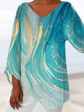 Printed Long Sleeve V-neck Patchwork