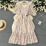 Women Summer Pleated Print Dress 2022 Vacation Ruffle Floarl Gentle Short Sleeves Ladies Slim A Line Long Dresses