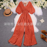 Toloer Summer Women's Wear 2023 New Temperament Wave Point V Neck Show High Waist Casual Wide Leg Jumpsuit
