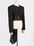 Toloer 2024 New Fashion Pure Color Round Collar Belt Top Design Sense Waist Show Thin Long Sleeve Women's Small Suit-Outfit
