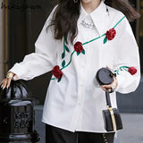 Women 3D Floral Temperament Tops Office Lady Korean Fashion Loose Shirts 2023 Blusas Mujer De Moda Sweet White