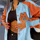 2022 Autumn Women Oversize Contrast Color Letter Printed Uniform Baseball Jacket Couple Harajuku Streetwear Single Breasted