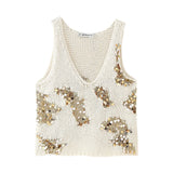 Toloer 2024 New Women's Fashion Joker Casual Sequins Knit Vest Jacket 0021005-Outfit