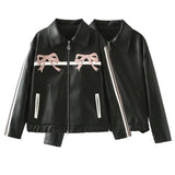 2024 Winter New Women's Sweet Cool Bow Embroidered Leather Jacket Coat W034 23215-Outfit