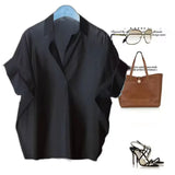 Hong Kong-Style Short-Sleeved Shirt Women's Summer New Ocean With White Shirt Loose Bat Sleeve Collar