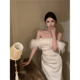 Banquet Dance Light Luxury White One-Line Shoulder Dress 2023 New Female Autumn Show Figure Holiday Dress-Outfit