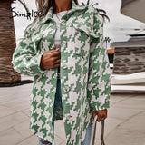 Simplee Casual houndstooth women long coats autumn Office long sleeve ladies top coat jackets Za fashion shirt collar