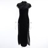 Retro Style Improved Cheongsam Female Ins Winter New Girl Forked Dress Temperament Slim Skirt-Outfit