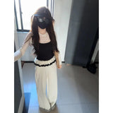Rice White Temperament Spliced High-Waisted Casual Pants Women Spring New Small Loose Broad Legs Long