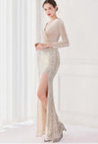 Winter Elegant Velvet With Sequins Deep V Neck Long Sleeve Slit Cocktail Eevening