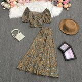 New Summer Fashion V-neck puff sleeve short Shirt Top + high waist pleated waist floral Skirt 2-piece