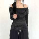 Toloer Stripe Color Long-Sleeved T-Shirt Women's Shoulder Foundation Versatile Slim Thin Bottom Top-Outfit