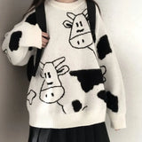 Christmas Cow Sweater Women Clothing Loose Knitted Kawaii Clothes Harajuku Cropped Jumper Tops Korean Fashion Long Sleeve
