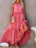 Women Solid Long Dresses Summer Casual Loose Sleeveless Hollow Tie-Up Dress Female Beach Party Ruffle Maxi Dresses Elegant