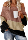 Toloer And Winter Women's One Word Collar Loose Splicing Color Knit Jumper Sweater