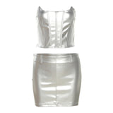 Toloer Summer Women's Solid Color Chest-Wrapped Slim Crop Vest To Purse Buttock Skirt Set-Outfit